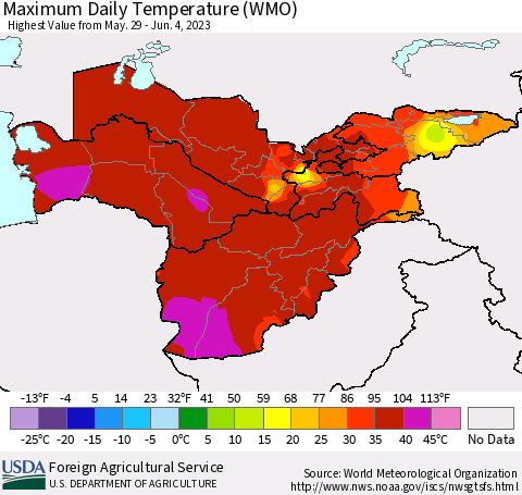 Central Asia Maximum Daily Temperature (WMO) Thematic Map For 5/29/2023 - 6/4/2023