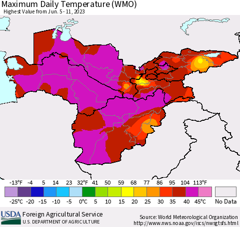 Central Asia Maximum Daily Temperature (WMO) Thematic Map For 6/5/2023 - 6/11/2023