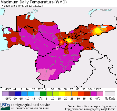 Central Asia Maximum Daily Temperature (WMO) Thematic Map For 6/12/2023 - 6/18/2023