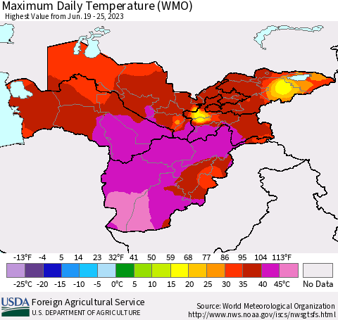 Central Asia Maximum Daily Temperature (WMO) Thematic Map For 6/19/2023 - 6/25/2023