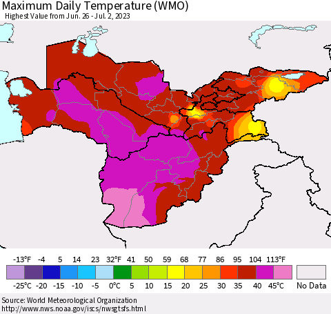 Central Asia Maximum Daily Temperature (WMO) Thematic Map For 6/26/2023 - 7/2/2023