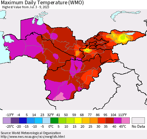 Central Asia Maximum Daily Temperature (WMO) Thematic Map For 7/3/2023 - 7/9/2023