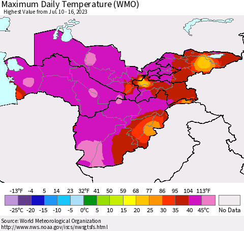 Central Asia Maximum Daily Temperature (WMO) Thematic Map For 7/10/2023 - 7/16/2023