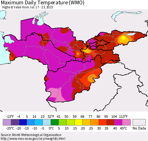 Central Asia Maximum Daily Temperature (WMO) Thematic Map For 7/17/2023 - 7/23/2023