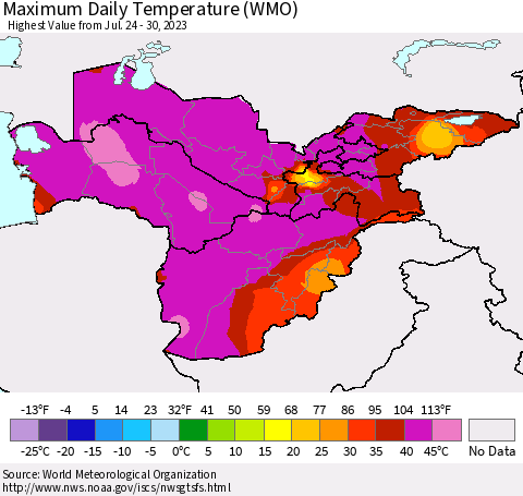 Central Asia Maximum Daily Temperature (WMO) Thematic Map For 7/24/2023 - 7/30/2023