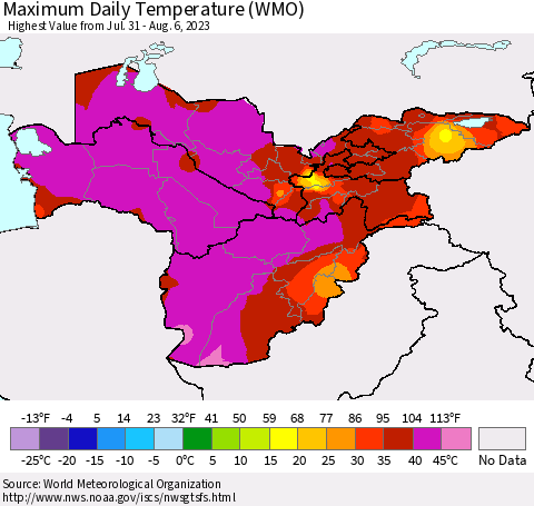 Central Asia Maximum Daily Temperature (WMO) Thematic Map For 7/31/2023 - 8/6/2023