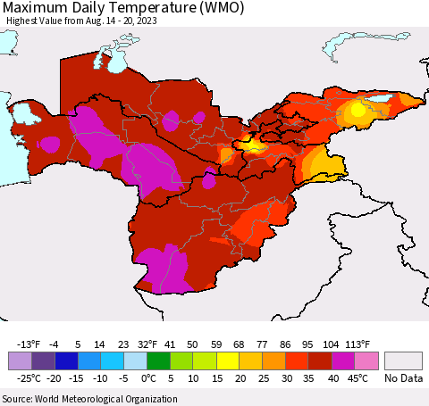 Central Asia Maximum Daily Temperature (WMO) Thematic Map For 8/14/2023 - 8/20/2023