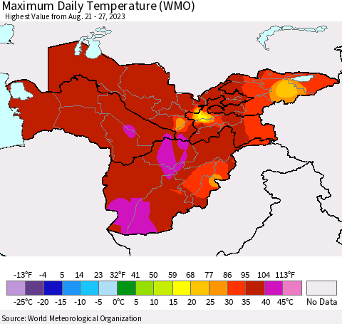 Central Asia Maximum Daily Temperature (WMO) Thematic Map For 8/21/2023 - 8/27/2023
