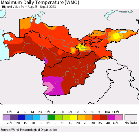 Central Asia Maximum Daily Temperature (WMO) Thematic Map For 8/28/2023 - 9/3/2023