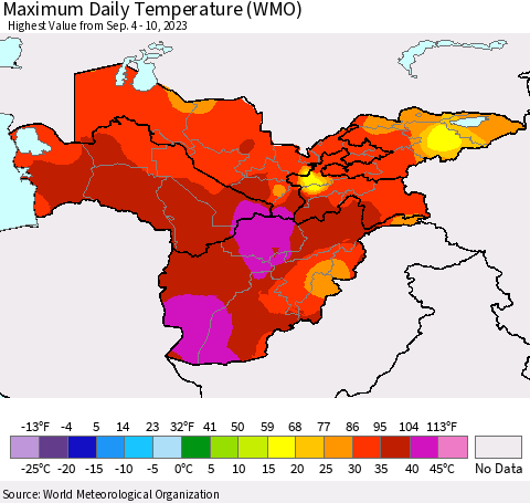 Central Asia Maximum Daily Temperature (WMO) Thematic Map For 9/4/2023 - 9/10/2023