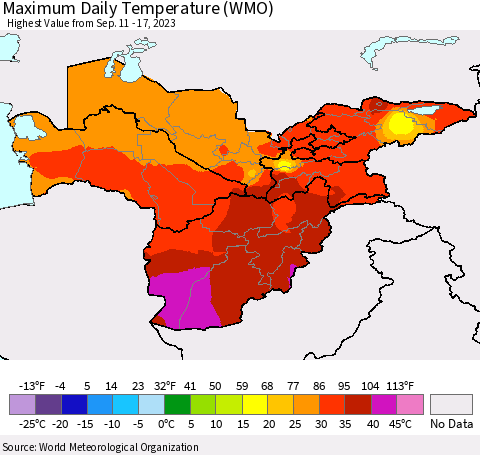 Central Asia Maximum Daily Temperature (WMO) Thematic Map For 9/11/2023 - 9/17/2023