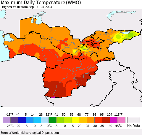 Central Asia Maximum Daily Temperature (WMO) Thematic Map For 9/18/2023 - 9/24/2023
