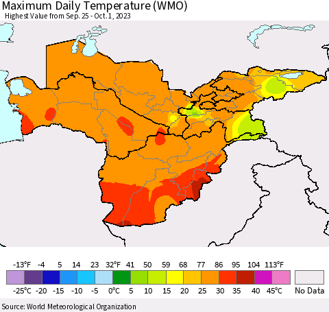 Central Asia Maximum Daily Temperature (WMO) Thematic Map For 9/25/2023 - 10/1/2023
