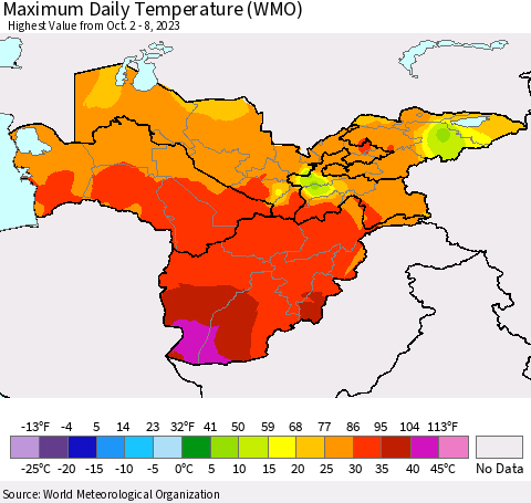Central Asia Maximum Daily Temperature (WMO) Thematic Map For 10/2/2023 - 10/8/2023