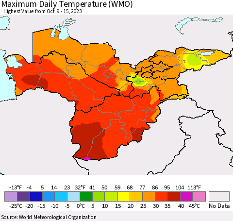 Central Asia Maximum Daily Temperature (WMO) Thematic Map For 10/9/2023 - 10/15/2023