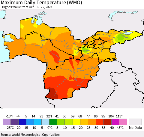 Central Asia Maximum Daily Temperature (WMO) Thematic Map For 10/16/2023 - 10/22/2023