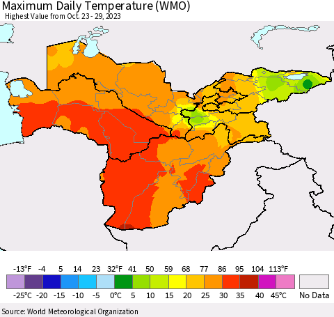 Central Asia Maximum Daily Temperature (WMO) Thematic Map For 10/23/2023 - 10/29/2023