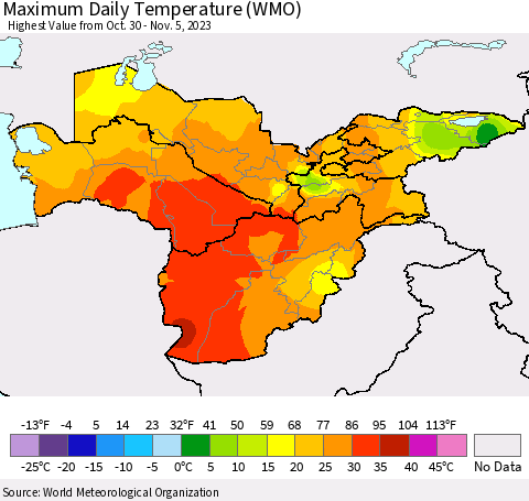 Central Asia Maximum Daily Temperature (WMO) Thematic Map For 10/30/2023 - 11/5/2023