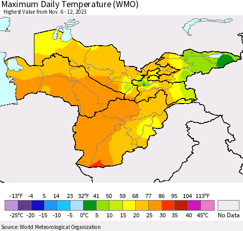 Central Asia Maximum Daily Temperature (WMO) Thematic Map For 11/6/2023 - 11/12/2023
