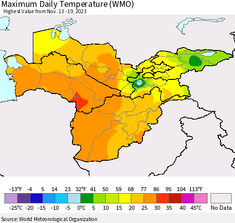 Central Asia Maximum Daily Temperature (WMO) Thematic Map For 11/13/2023 - 11/19/2023