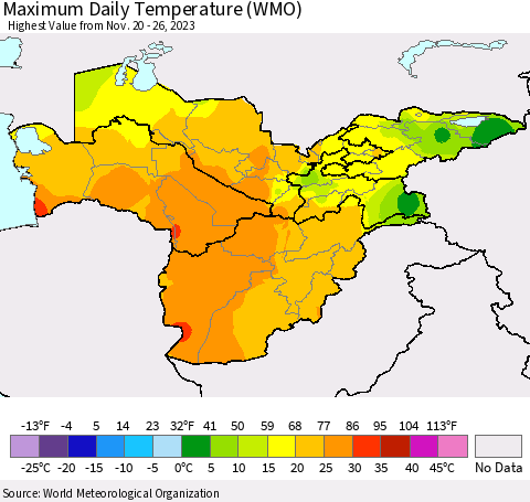 Central Asia Maximum Daily Temperature (WMO) Thematic Map For 11/20/2023 - 11/26/2023