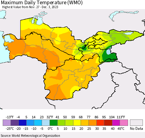 Central Asia Maximum Daily Temperature (WMO) Thematic Map For 11/27/2023 - 12/3/2023