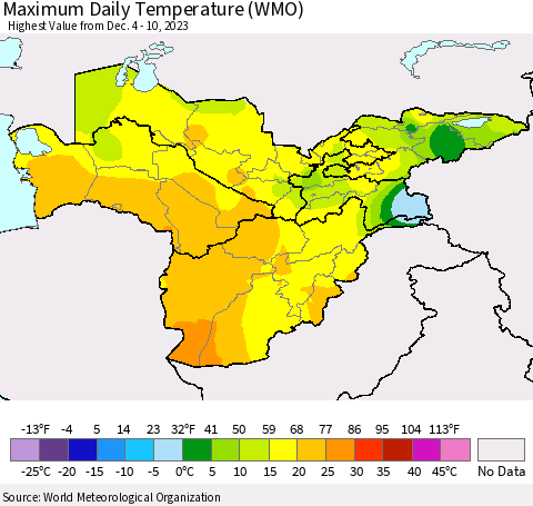 Central Asia Maximum Daily Temperature (WMO) Thematic Map For 12/4/2023 - 12/10/2023