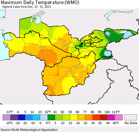 Central Asia Maximum Daily Temperature (WMO) Thematic Map For 12/25/2023 - 12/31/2023
