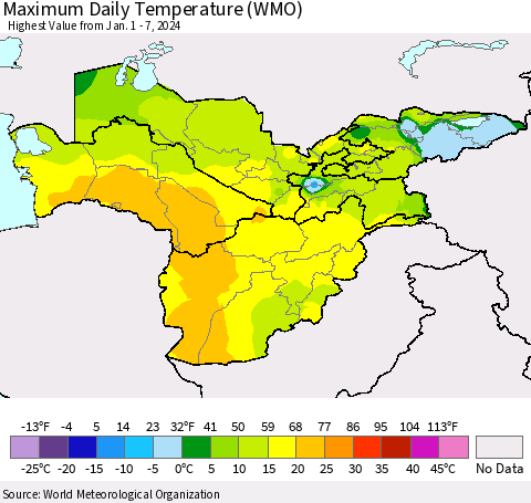 Central Asia Maximum Daily Temperature (WMO) Thematic Map For 1/1/2024 - 1/7/2024