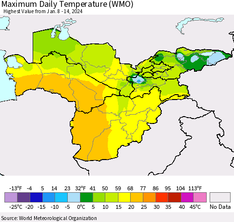 Central Asia Maximum Daily Temperature (WMO) Thematic Map For 1/8/2024 - 1/14/2024