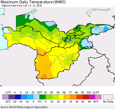 Central Asia Maximum Daily Temperature (WMO) Thematic Map For 1/15/2024 - 1/21/2024