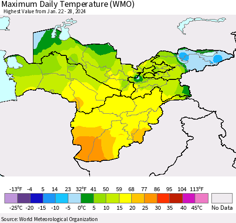 Central Asia Maximum Daily Temperature (WMO) Thematic Map For 1/22/2024 - 1/28/2024