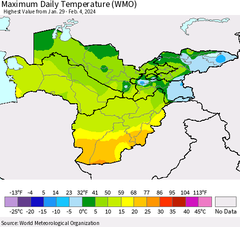 Central Asia Maximum Daily Temperature (WMO) Thematic Map For 1/29/2024 - 2/4/2024