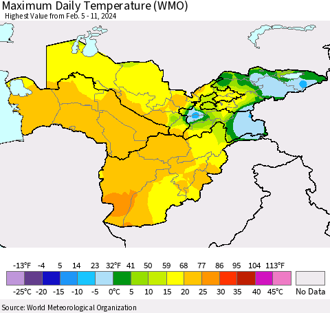 Central Asia Maximum Daily Temperature (WMO) Thematic Map For 2/5/2024 - 2/11/2024