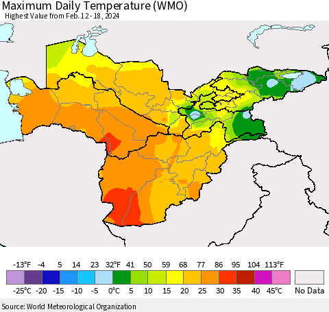 Central Asia Maximum Daily Temperature (WMO) Thematic Map For 2/12/2024 - 2/18/2024