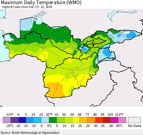 Central Asia Maximum Daily Temperature (WMO) Thematic Map For 2/19/2024 - 2/25/2024