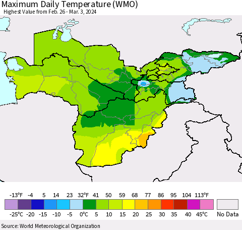 Central Asia Maximum Daily Temperature (WMO) Thematic Map For 2/26/2024 - 3/3/2024