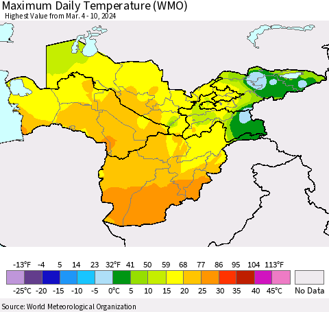 Central Asia Maximum Daily Temperature (WMO) Thematic Map For 3/4/2024 - 3/10/2024