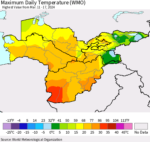 Central Asia Maximum Daily Temperature (WMO) Thematic Map For 3/11/2024 - 3/17/2024