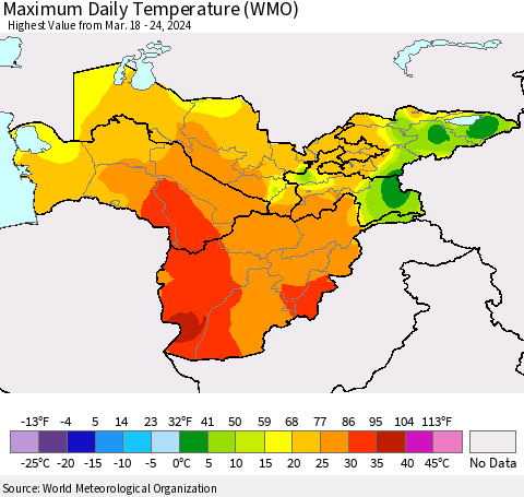 Central Asia Maximum Daily Temperature (WMO) Thematic Map For 3/18/2024 - 3/24/2024