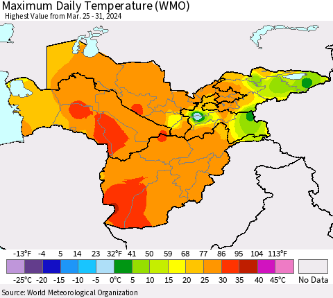 Central Asia Maximum Daily Temperature (WMO) Thematic Map For 3/25/2024 - 3/31/2024