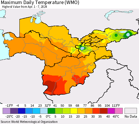 Central Asia Maximum Daily Temperature (WMO) Thematic Map For 4/1/2024 - 4/7/2024