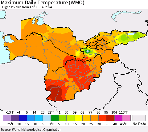 Central Asia Maximum Daily Temperature (WMO) Thematic Map For 4/8/2024 - 4/14/2024
