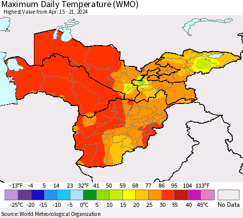 Central Asia Maximum Daily Temperature (WMO) Thematic Map For 4/15/2024 - 4/21/2024