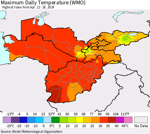 Central Asia Maximum Daily Temperature (WMO) Thematic Map For 4/22/2024 - 4/28/2024