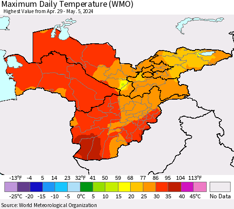 Central Asia Maximum Daily Temperature (WMO) Thematic Map For 4/29/2024 - 5/5/2024