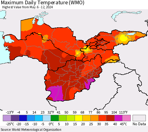 Central Asia Maximum Daily Temperature (WMO) Thematic Map For 5/6/2024 - 5/12/2024