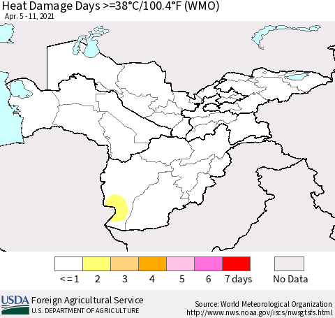 Central Asia Heat Damage Days >=38°C/100°F (WMO) Thematic Map For 4/5/2021 - 4/11/2021