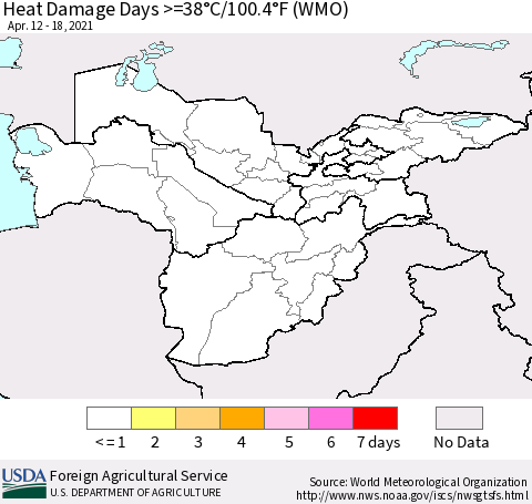 Central Asia Heat Damage Days >=38°C/100°F (WMO) Thematic Map For 4/12/2021 - 4/18/2021