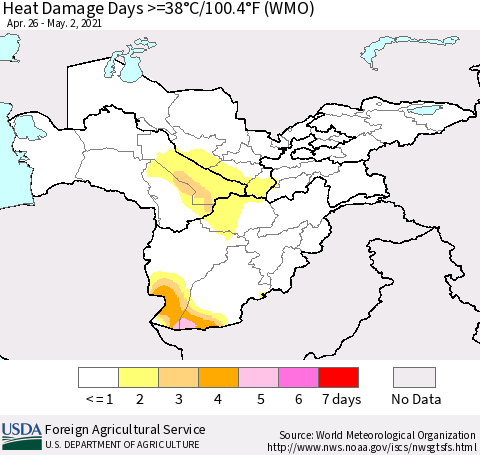 Central Asia Heat Damage Days >=38°C/100°F (WMO) Thematic Map For 4/26/2021 - 5/2/2021